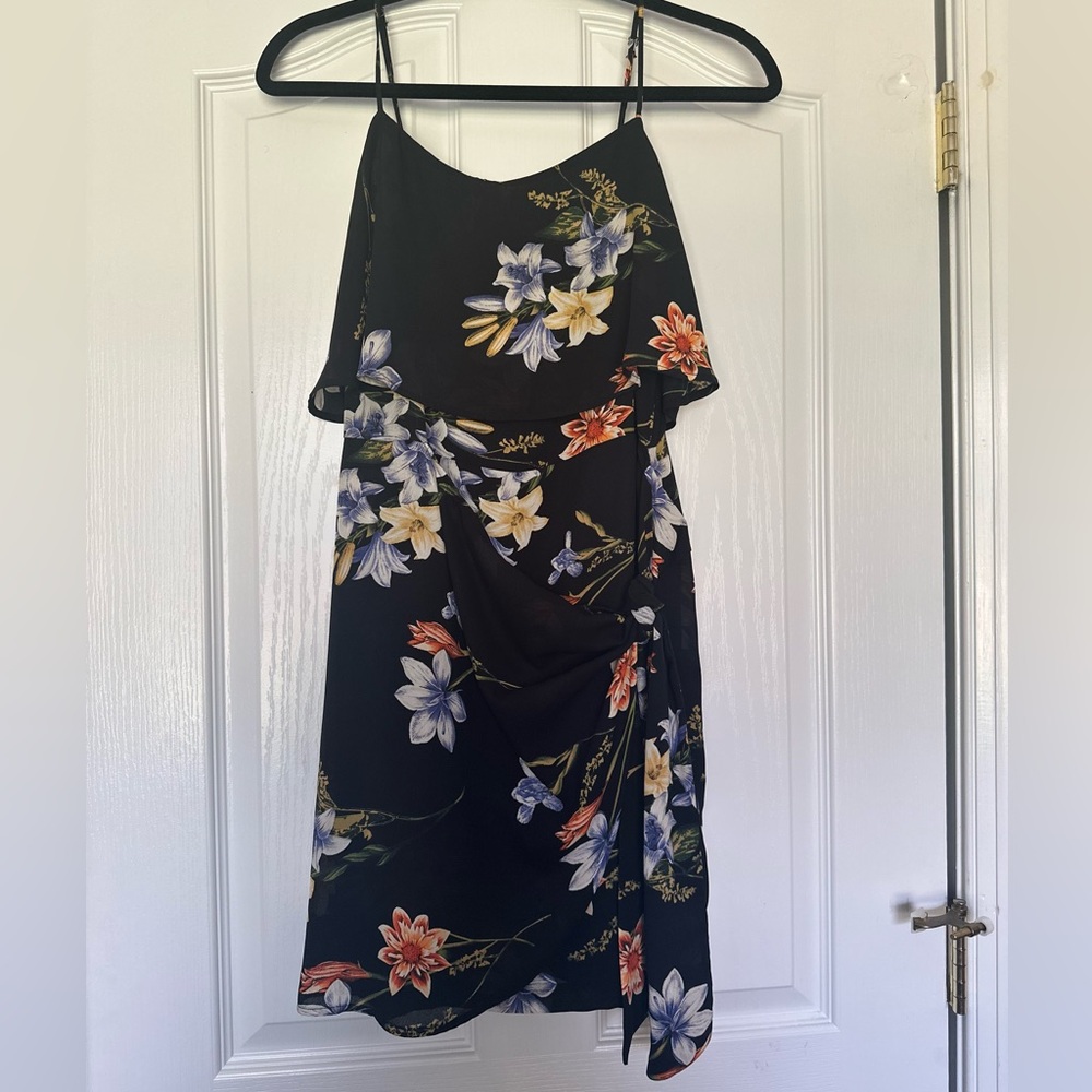 Lush Women’s Black and White Floral Asymmetrical Slip Dress With Side Tie Size M